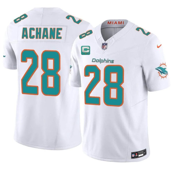 Men's Miami Dolphins #28 De'Von Achane White 2026 F.U.S.E. 1-Star C Patch Vapor Limited Stitched Football Jersey