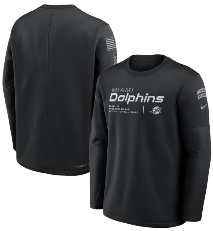 Men's Miami Dolphins Black 2026 Salute to Service Sideline Coaches Crewneck Therma-FIT Sweatshirt