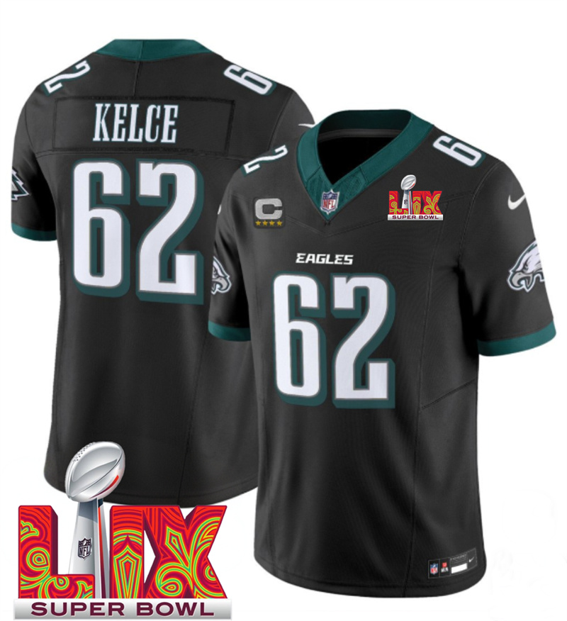 Men's Philadelphia Eagles #62 Jason Kelce Black F.U.S.E. 24/25 Super Bowl LIX With 4-Star C Patch Vapor Untouchable Limited Stitched Football Jersey Men's Philadelphia Eagles #62 Jason Kelce Black F.U.S.E. 24/25 Super Bowl LIX With 4-Star C Patch Vapor Untouchable Limited Stitched Football Jersey