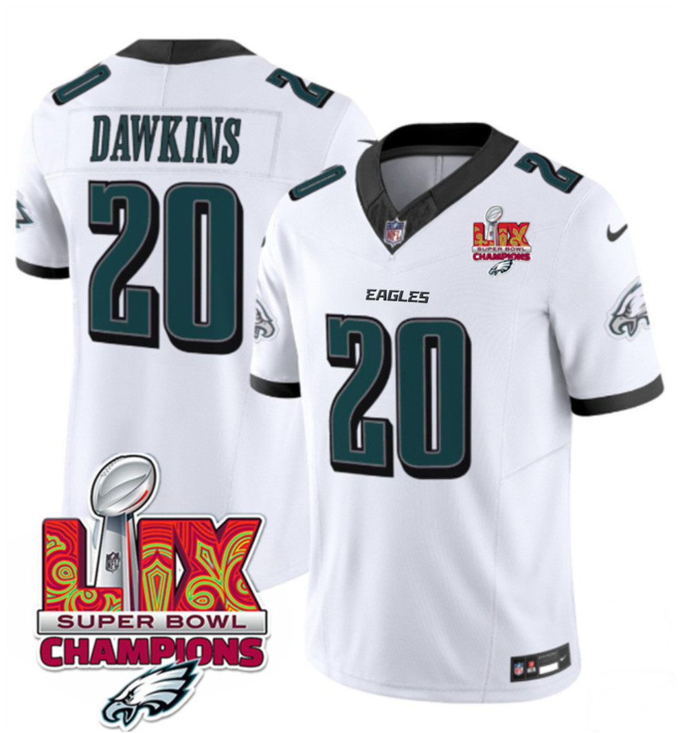 Men's Philadelphia Eagles #20 Brian Dawkins White 2025 Eagles Logo Super Bowl LIX Patch New F.U.S.E. Vapor Limited Stitched Football Jersey