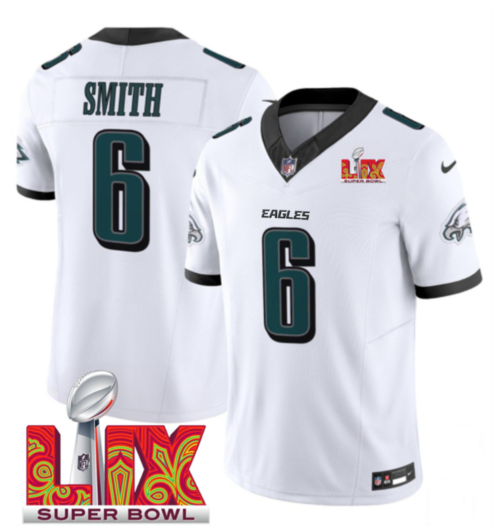 Men's Philadelphia Eagles #6 DeVonta Smith White F.U.S.E. 24/25 Super Bowl LIX Vapor Untouchable Limited Stitched Football Jersey