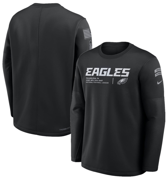 Men's Philadelphia Eagles Black 2026 Salute to Service Sideline Coaches Crewneck Therma-FIT Sweatshirt