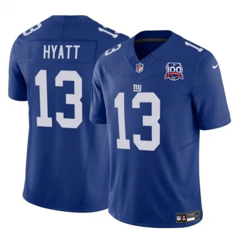 Men's New York Giants #13 Jalin Hyatt Blue 2024 F.U.S.E. 100TH Season Patch Vapor Untouchable Limited Stitched Jersey