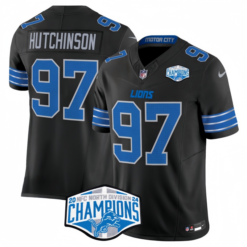 Men's Detroit Lions Custom Black 2024 NFC North Champions F.U.S.E. Vapor Limited Stitched Jersey