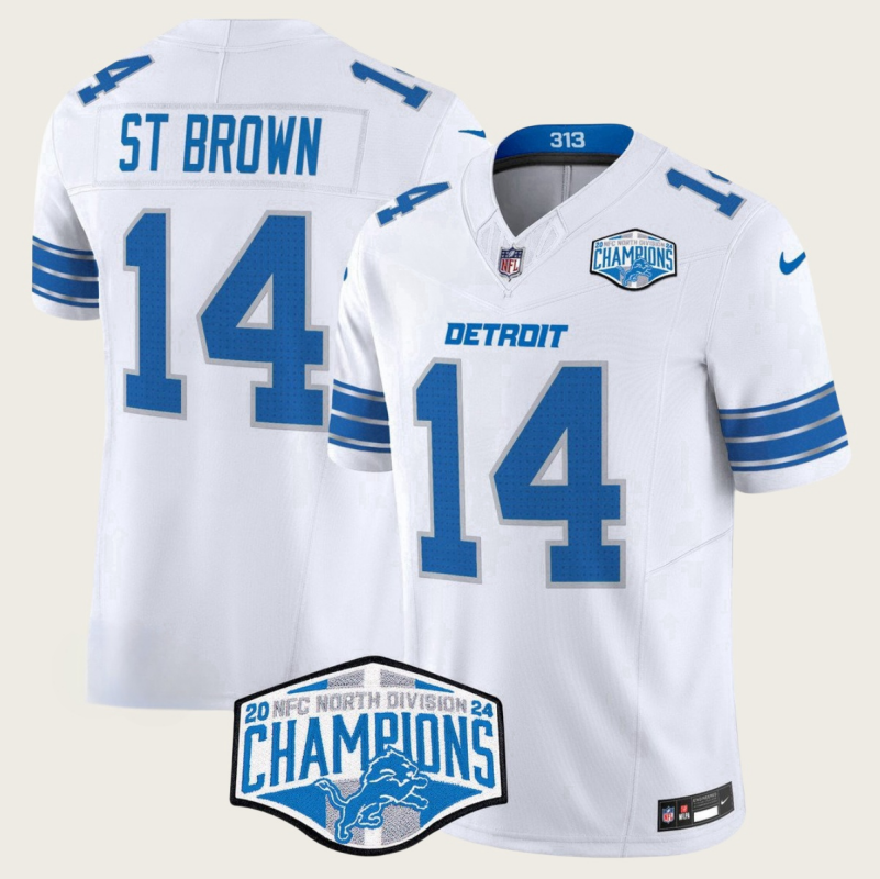 Men's Detroit Lions #14 Amon-Ra St. Brown White 2024 NFC North Champions F.U.S.E. Vapor Limited Stitched Jersey