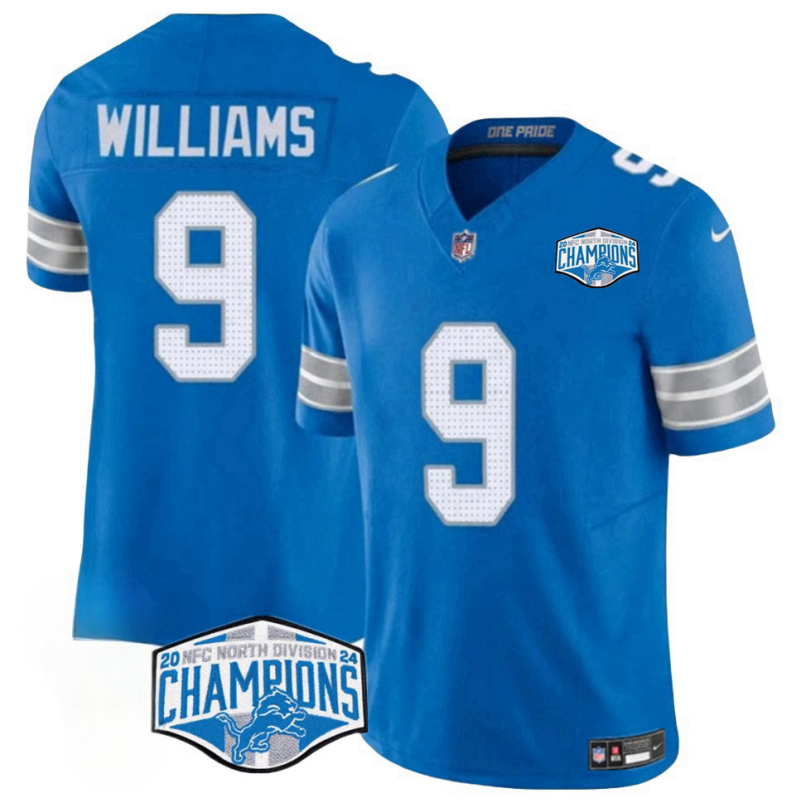 Men's Detroit Lions #9 Jameson Williams Blue 2024 NFC North Champions F.U.S.E. Vapor Limited Stitched Jersey