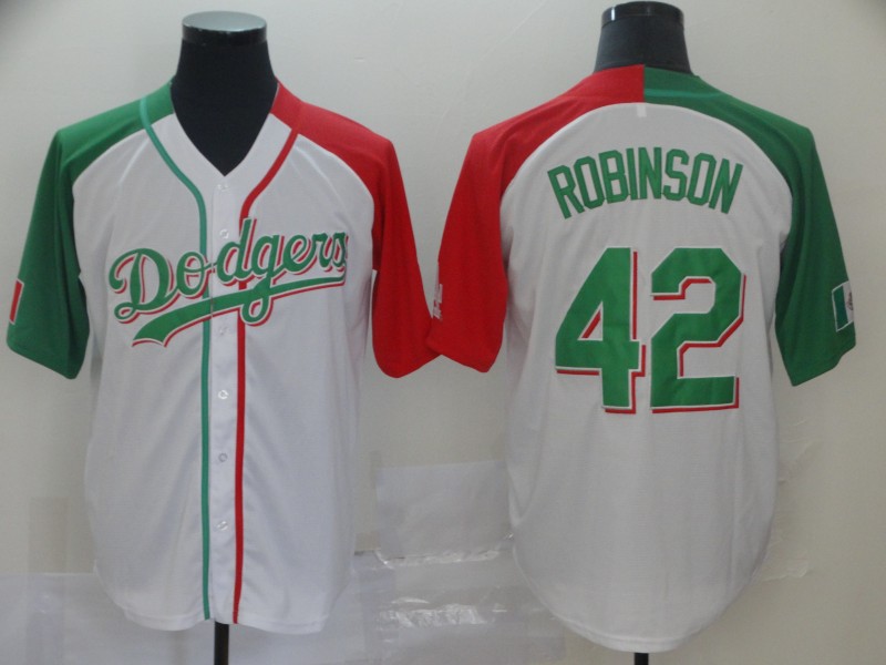 Dodgers #42 Jackie Robinson White Red/Green Split Cool Base Stitched MLB Jersey