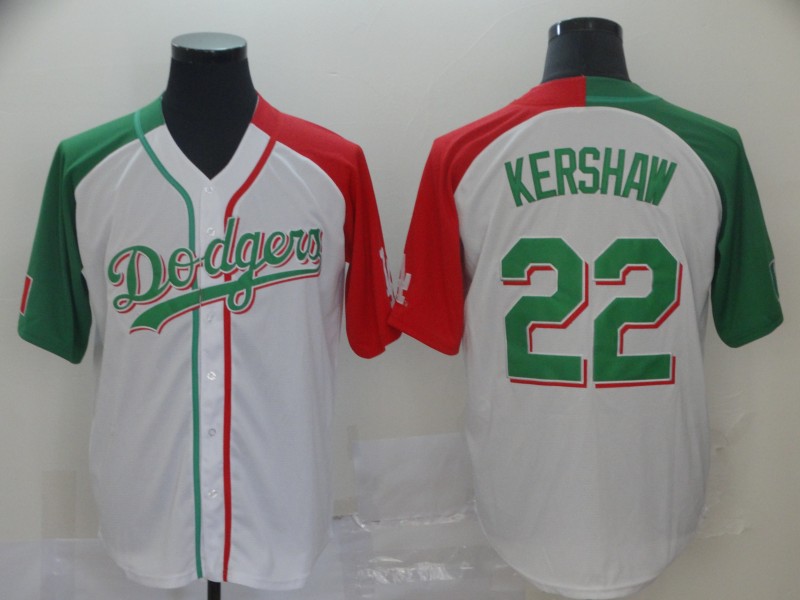 Dodgers #22 Clayton Kershaw White Red/Green Split Cool Base Stitched MLB Jersey