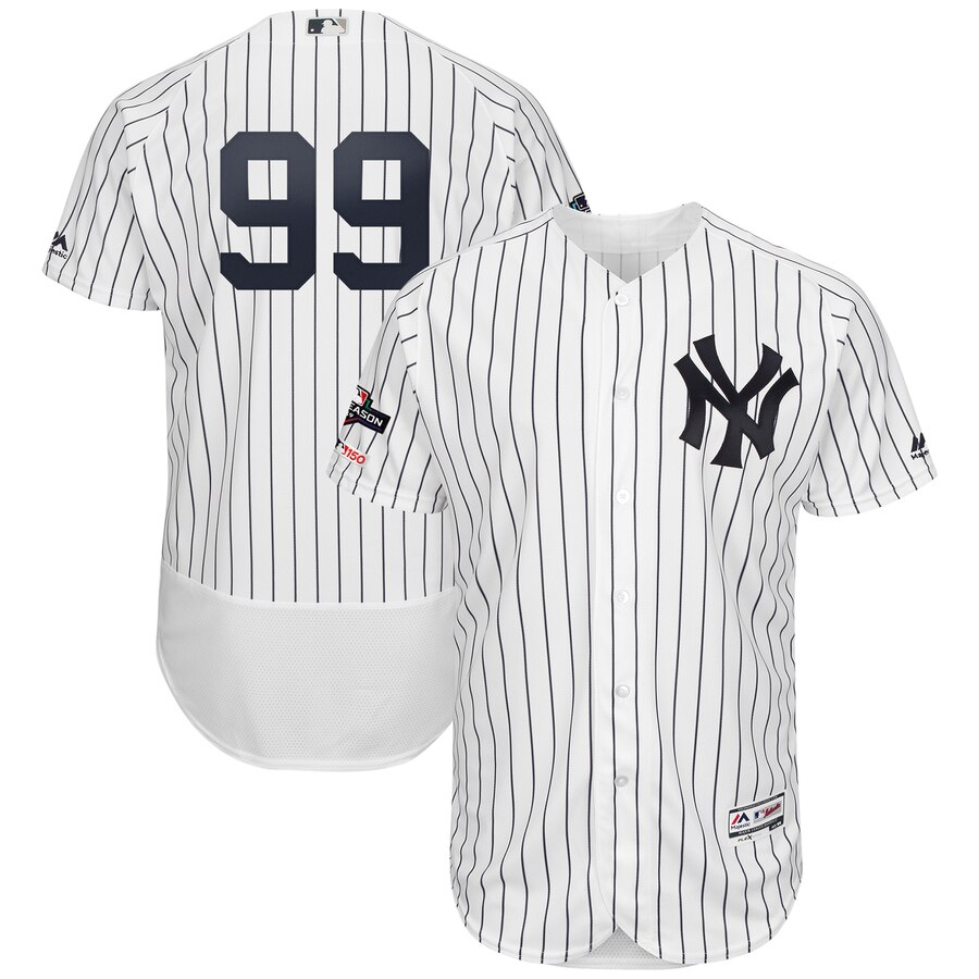 New York Yankees #99 Aaron Judge Majestic 2019 Postseason Authentic Flex Base Player Jersey White Navy