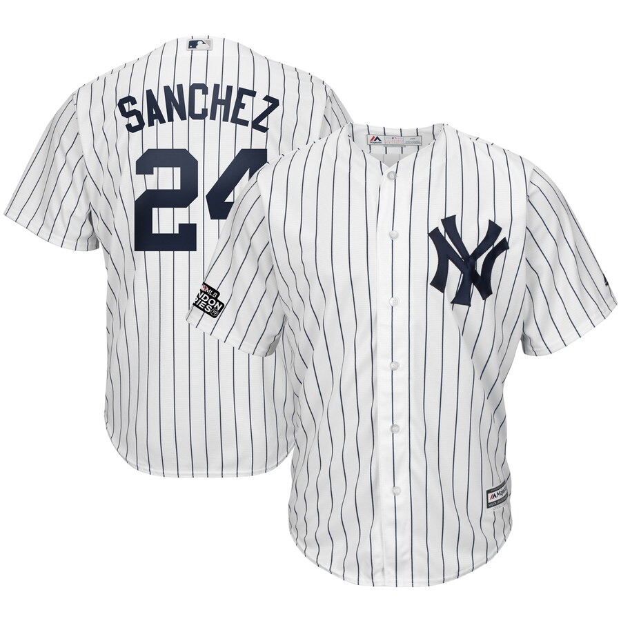 New York Yankees #24 Gary Sanchez Majestic 2019 London Series Cool Base Player Jersey White Navy