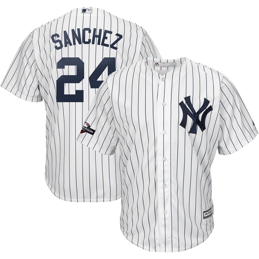 New York Yankees #24 Gary Sanchez Majestic 2019 Postseason Official Cool Base Player Jersey White Navy
