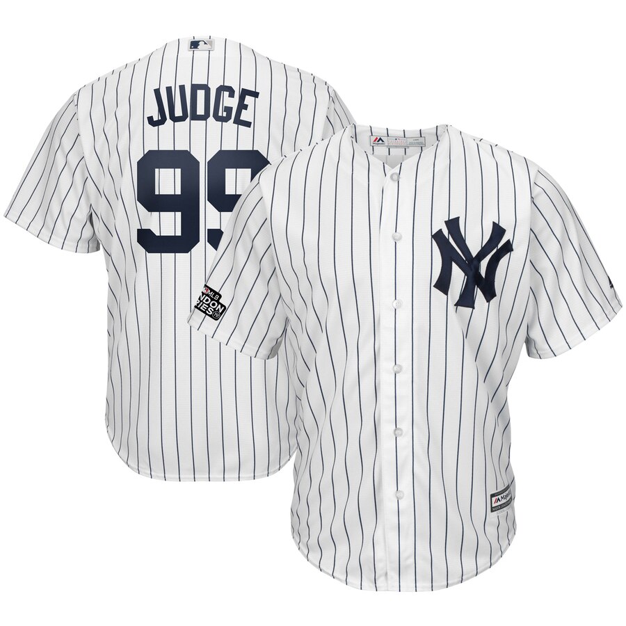 New York Yankees #99 Aaron Judge Majestic 2019 London Series Cool Base Player Jersey White Navy