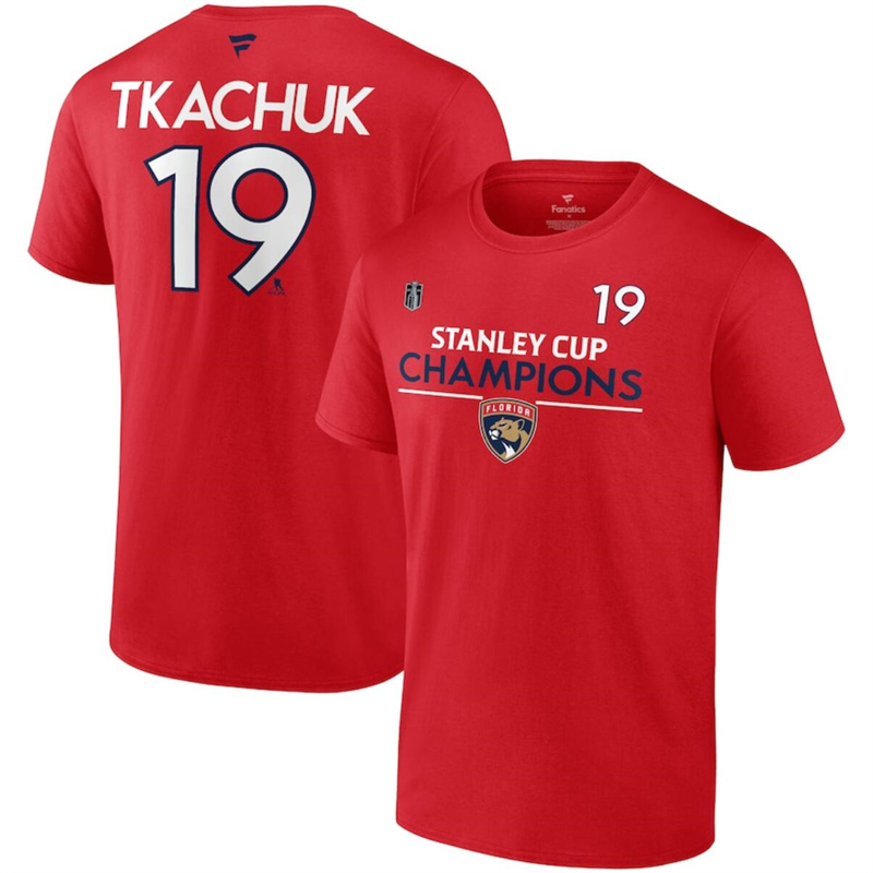 Men's Florida Panthers #19 Matthew Tkachuk Red 2024 Stanley Cup Champions Pro Name & Number T-Shirt