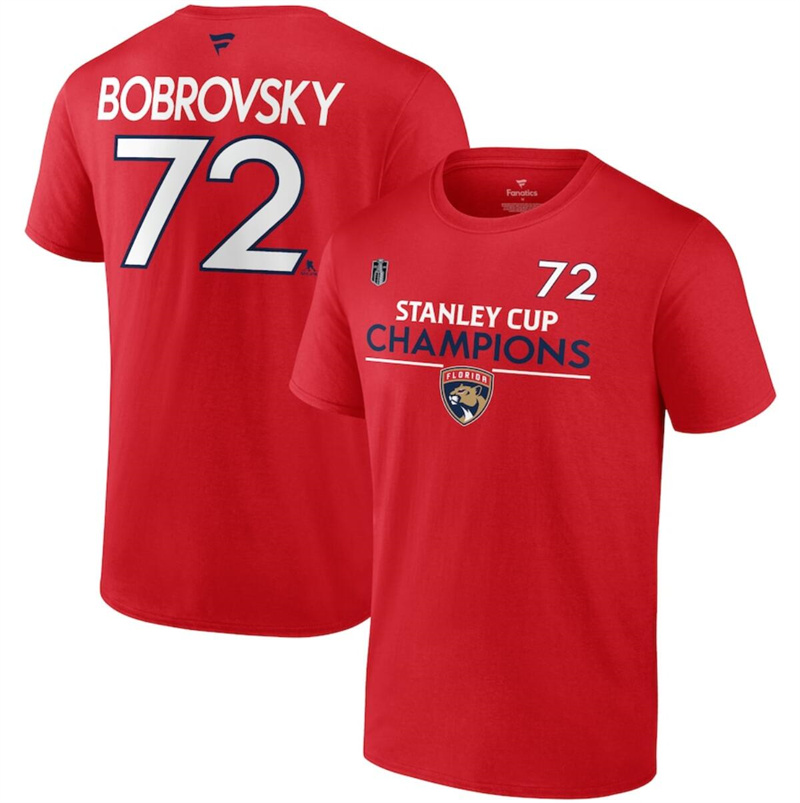 Men's Florida Panthers #72 Sergei Bobrovsky Red 2024 Stanley Cup Champions Pro Name & Number T-Shirt