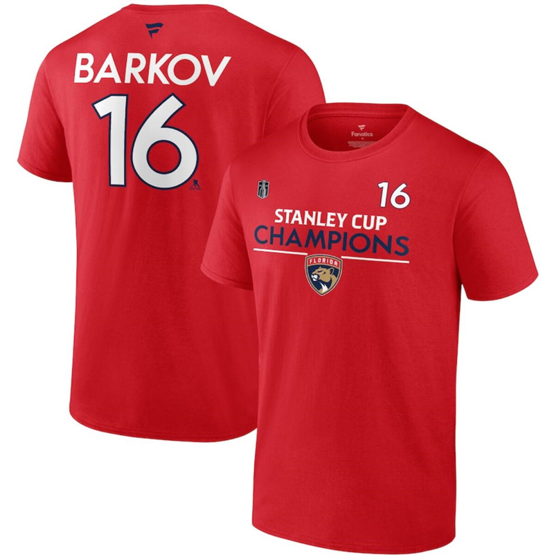 Men's Florida Panthers #16 Aleksander Barkov Red 2024 Stanley Cup Champions Pro Name & Number T-Shirt