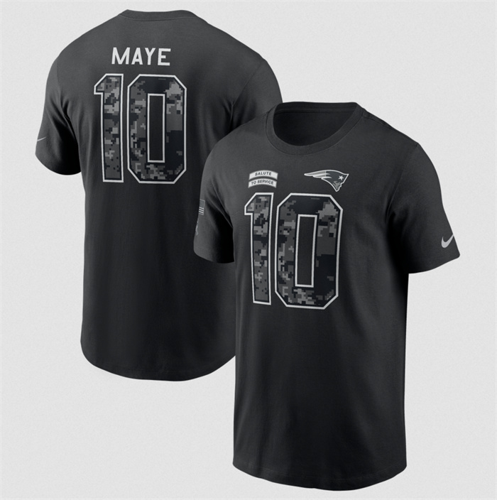 Men's New England Patriots #10 Drake Maye Black 2026 Salute to Service Name & Number T-Shirt