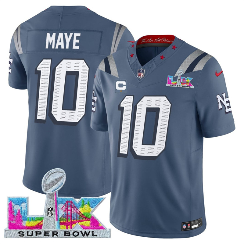Men's New England Patriots #10 Drake Maye Storm Blue 2025 F.U.S.E. Super Bowl LX Patch “Rivalries” Vapor Limited Stitched Football Jersey