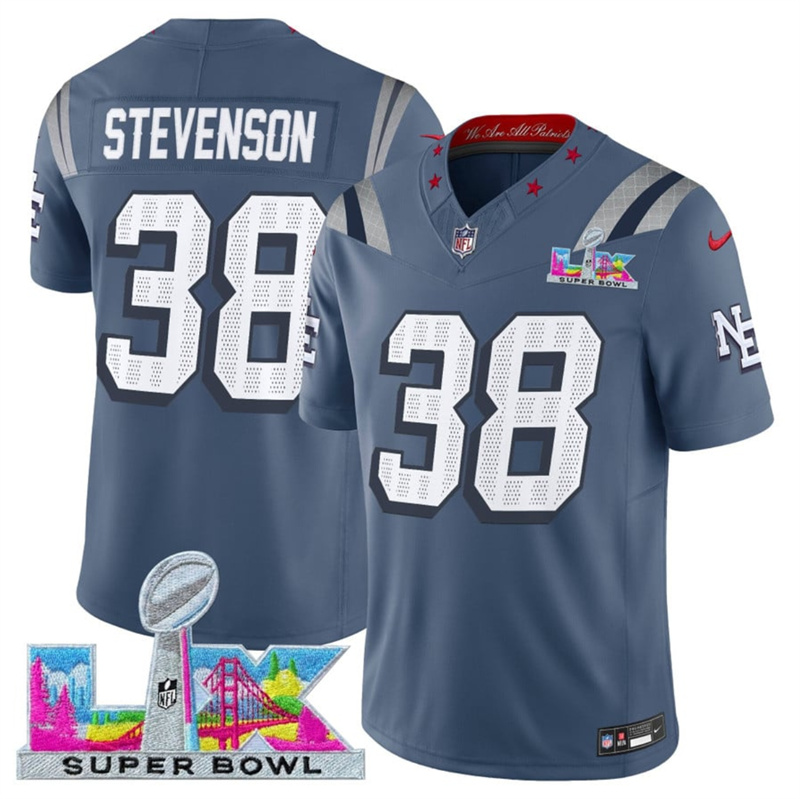 Men's New England Patriots #38 Rhamondre Stevenson Storm Blue 2025 F.U.S.E. Super Bowl LX Patch “Rivalries” Vapor Limited Stitched Football Jersey Men's New England Patriots #38 Rhamondre Stevenson Storm Blue 2025 F.U.S.E. Super Bowl LX Patch “Rivalries” Vapor Limited Stitched Football Jersey