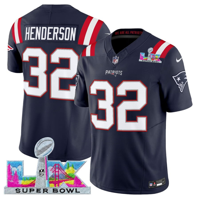 Men's New England Patriots #32 TreVeyon Henderson Navy 2025 F.U.S.E. Super Bowl LX Patch Vapor Limited Stitched Football Jersey