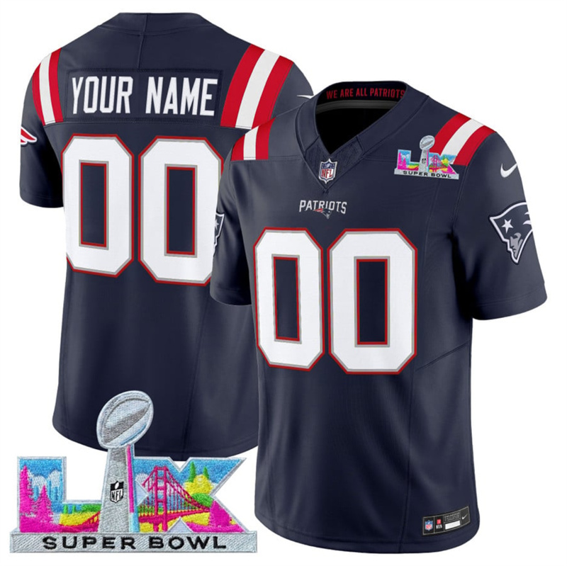 Men's New England Patriots Active Player Custom Navy 2025 F.U.S.E. Super Bowl LX Patch Vapor Limited Stitched Football Jersey