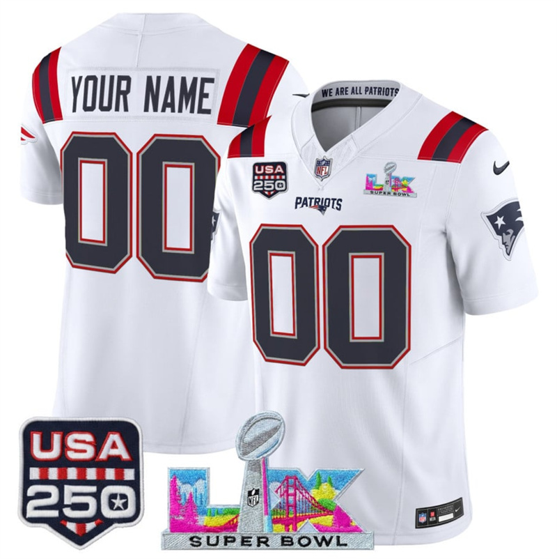 Men's New England Patriots Active Player Custom White 2025 F.U.S.E. Super Bowl LX & USA 250' Patch Vapor Limited Football Stitched Jersey