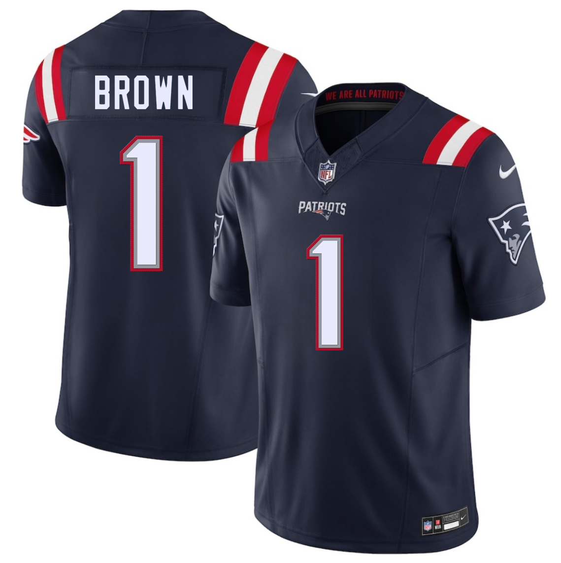 Men's New England Patriots #1 A.J. Brown Navy 2026 F.U.S.E. Vapor Limited Stitched Football Jersey