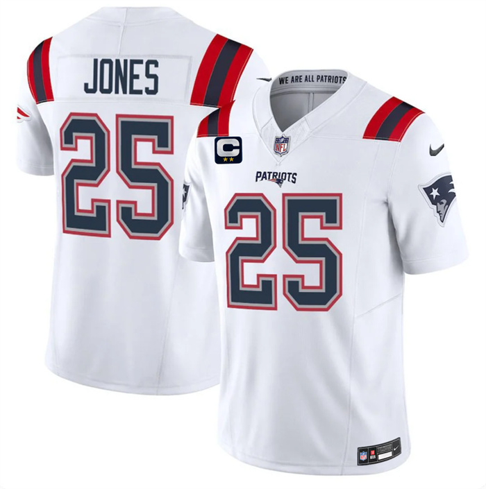 Men's New England Patriots #25 Marcus Jones White 2026 F.U.S.E. 2-Star C Pach Vapor Limited Stitched Football Jersey