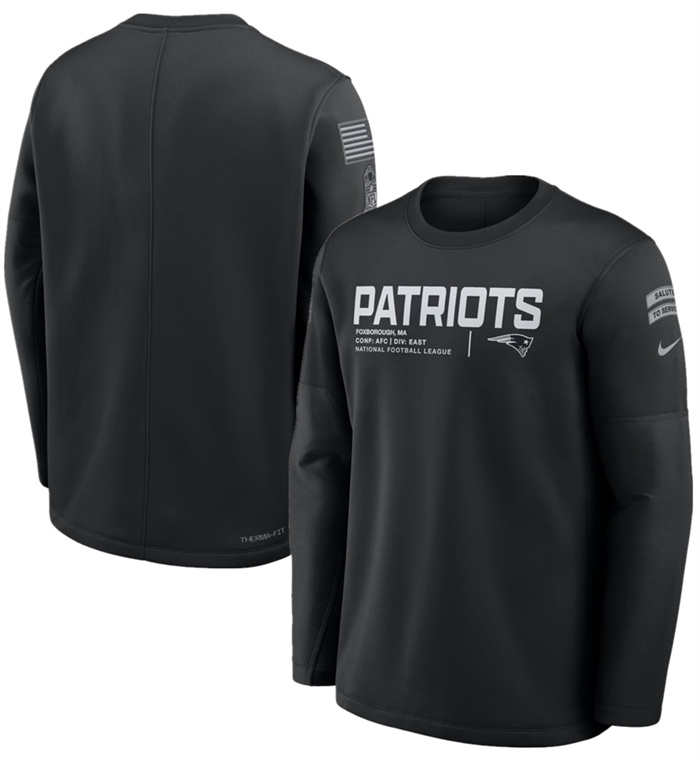 Men's New England Patriots Black 2026 Salute to Service Sideline Coaches Crewneck Therma-FIT Sweatshirt