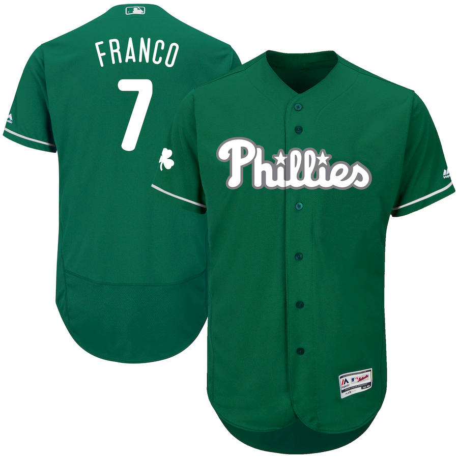 Philadelphia Phillies #7 Maikel Franco Majestic St. Patrick's Day Flex Base Authentic Collection Celtic Player Jersey Green