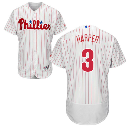 Phillies #3 Bryce Harper White(Red Strip) Flexbase Authentic Collection Stitched MLB Jersey