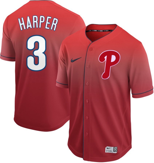 Nike Phillies #3 Bryce Harper Red Fade Authentic Stitched MLB Jersey