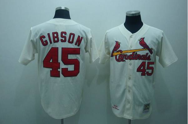 Cardinals #45 Bob Gibson Mitchell and Ness 1967 Stitched Cream Throwback MLB Jersey