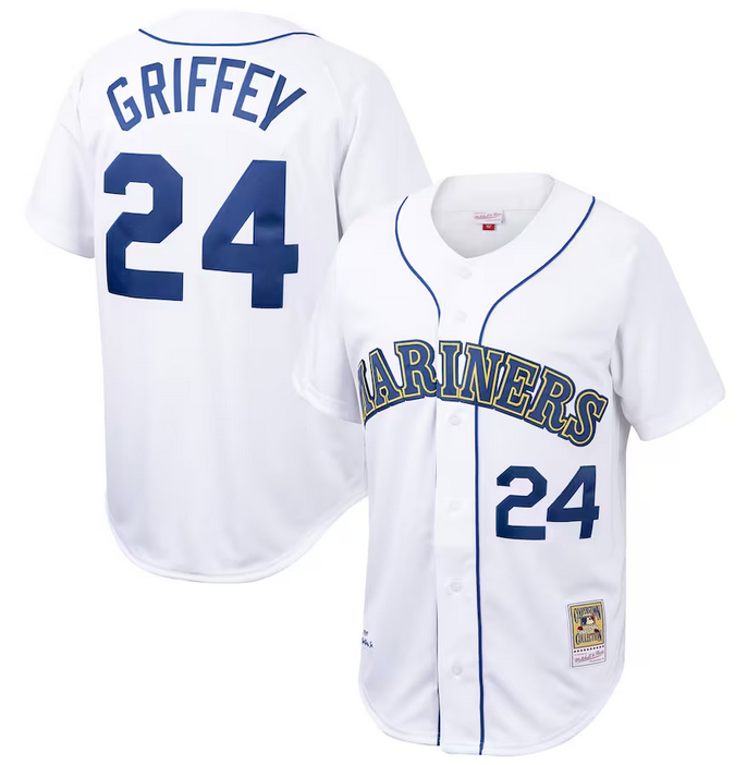 Mariners #24Ken Griffey Jr. White Mitchell & Ness Throwback Stitched Jersey