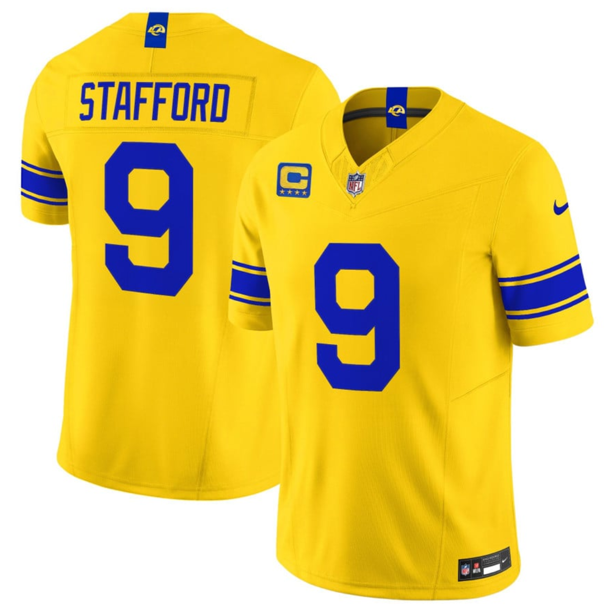 Men's Los Angeles Rams #9 Matthew Stafford Gold Classic Sol 2026 F.U.S.E. 4-Star C Patch Vapor Limited Stitched Football Jersey