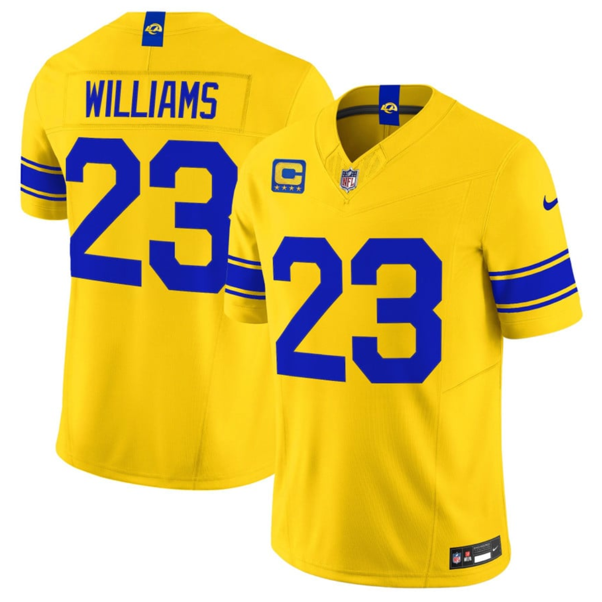 Men's Los Angeles Rams #23 Kyren Williams Gold Classic Sol 2026 F.U.S.E. 4-Star C Patch Vapor Limited Stitched Football Jersey