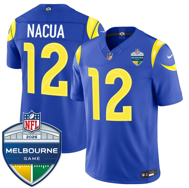 Men's Los Angeles Rams #12 Puka Nacua Royal 2026 F.U.S.E. Melbourne Game Patch Vapor Limited Stitched Football Jersey