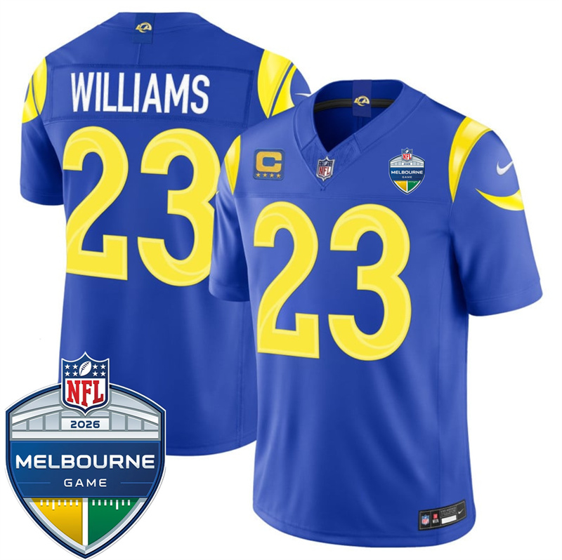 Men's Los Angeles Rams #23 Kyren Williams Royal 2026 F.U.S.E. 4-Star C Patch And Melbourne Game Patch Vapor Limited Stitched Football Jersey