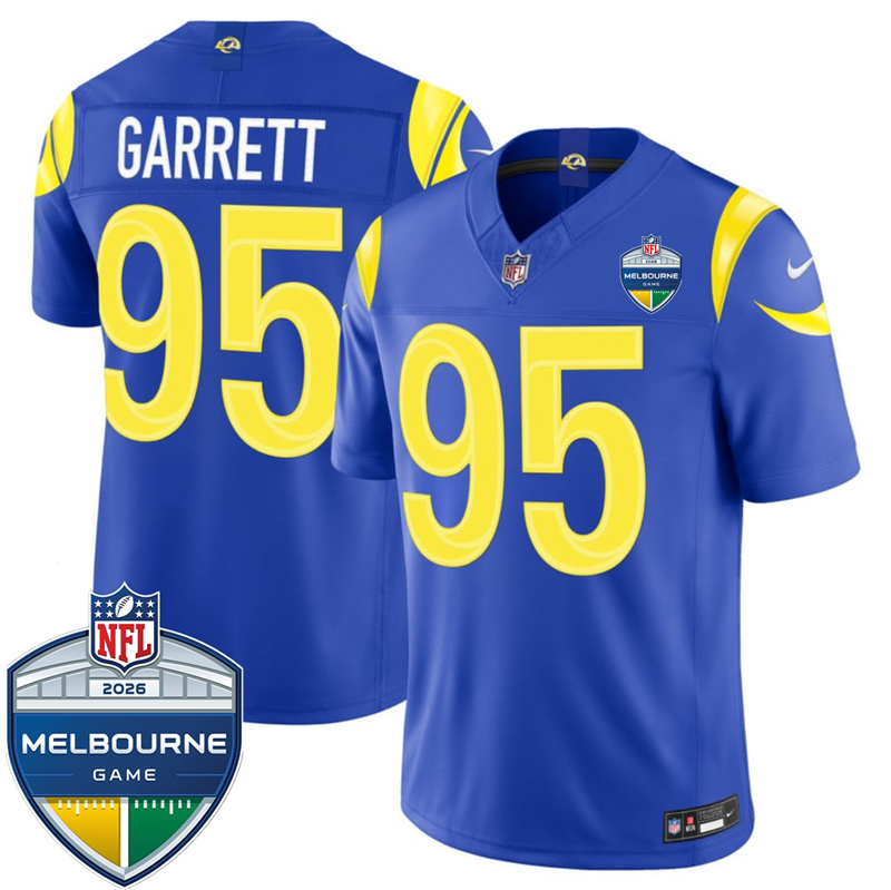 Men's Los Angeles Rams #95 Myles Garrett Royal 2026 F.U.S.E. Melbourne Game Patch Vapor Limited Stitched Football Jersey