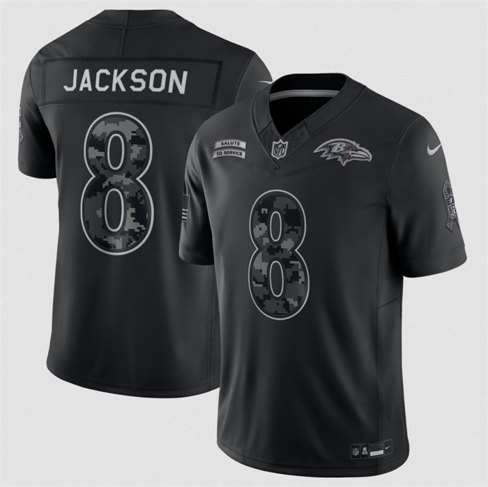 Men's Baltimore Ravens #8 Lamar Jackson Black F.U.S.E. 2026 Salute to Service Limited Stitched Football Jersey