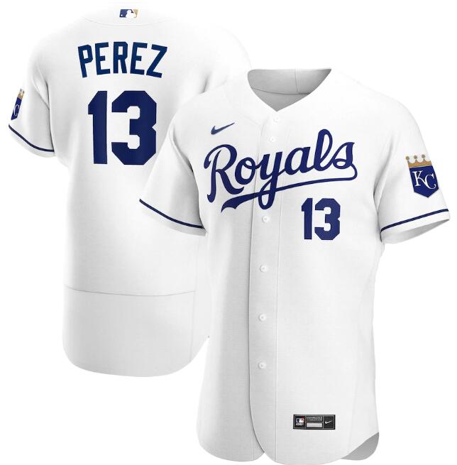 Men's Kansas City Royals #13 Salvador Perez White MLB Flex Base Stitched Jersey