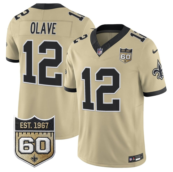 Men's New Orleans Saints #12 Chris Olave Gold 2026 F.U.S.E 60th Anniversary Patch Vapor Limited Football Stitched Jersey Men's New Orleans Saints #12 Chris Olave Gold 2026 F.U.S.E 60th Anniversary Patch Vapor Limited Football Stitched Jersey