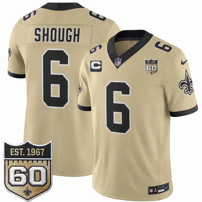 Men's New Orleans Saints #6 Tyler Shough Gold 2026 F.U.S.E With 1-Star C Patch And 60th Anniversary Patch Vapor Limited Football Stitched Jersey