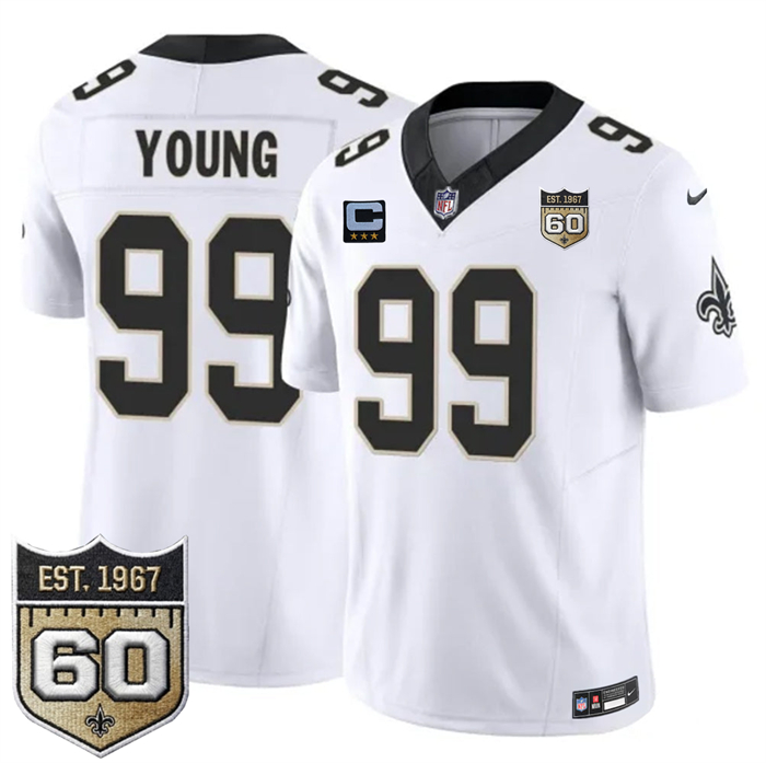 Men's New Orleans Saints #99 Chase Young White 2026 F.U.S.E With 3-Star C Patch And 60th Anniversary Patch Vapor Limited Football Stitched Jersey