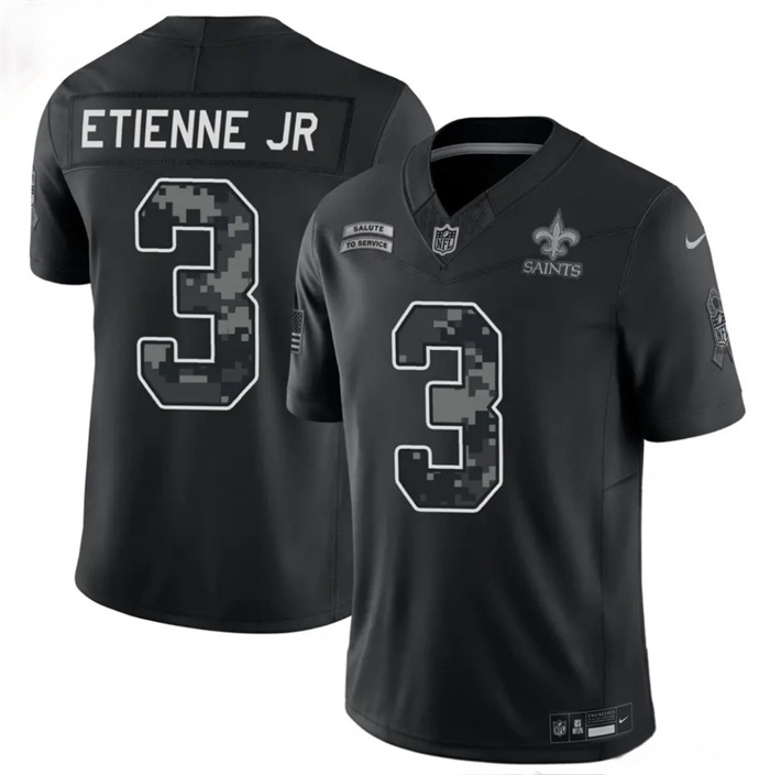 Men's New Orleans Saints #3 Travis Etienne Jr Black F.U.S.E. 2026 Salute to Service Limited Stitched Football Jersey
