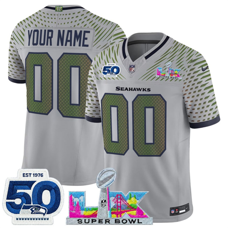 Men's Seattle Seahawks Active Player Custom Grey 2025 F.U.S.E. Super Bowl LX Patch And 50th Season Patch “Rivalries” Vapor Limited Stitched Football Jersey
