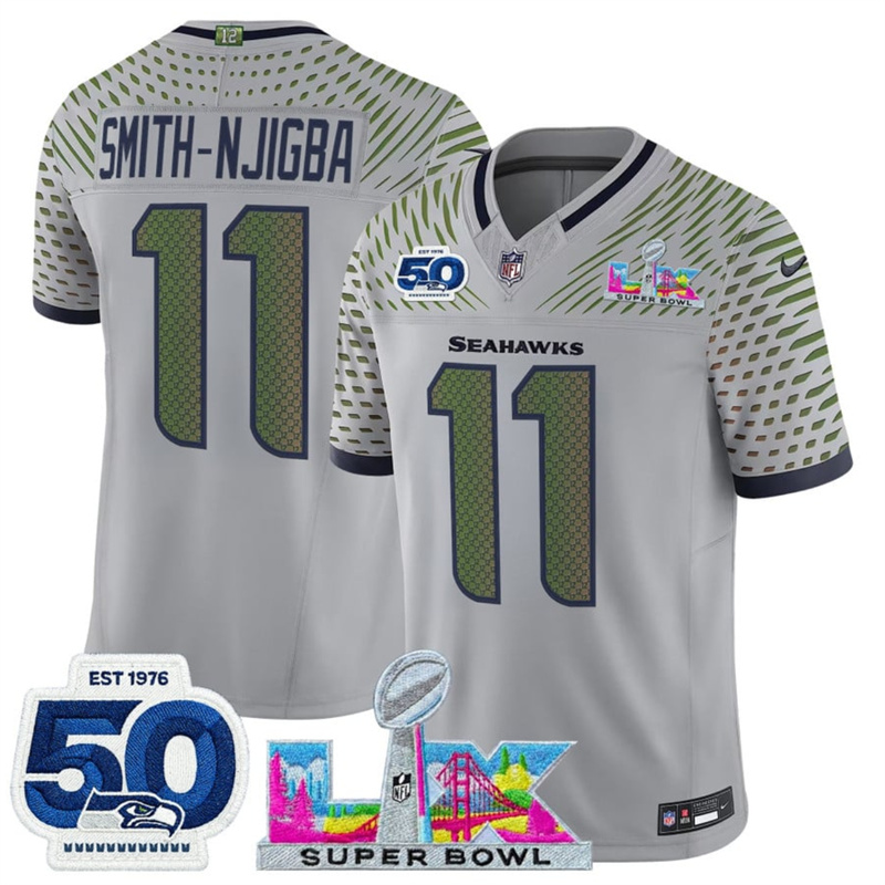 Men's Seattle Seahawks #11 Jaxon Smith-Njigba Grey 2025 F.U.S.E. Super Bowl LX Patch And 50th Season Patch “Rivalries” Vapor Limited Stitched Football Jersey