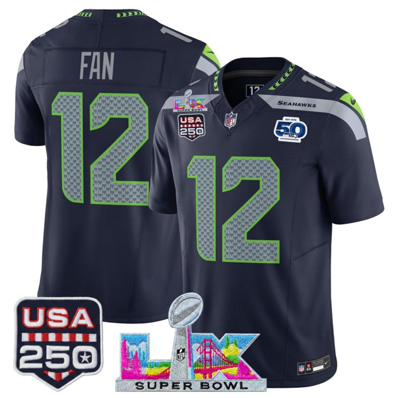 Men's Seattle Seahawks #12 Fan Navy 2025 F.U.S.E. Super Bowl LX Patch And 50th Season Patch Vapor Limited Stitched Football Jersey