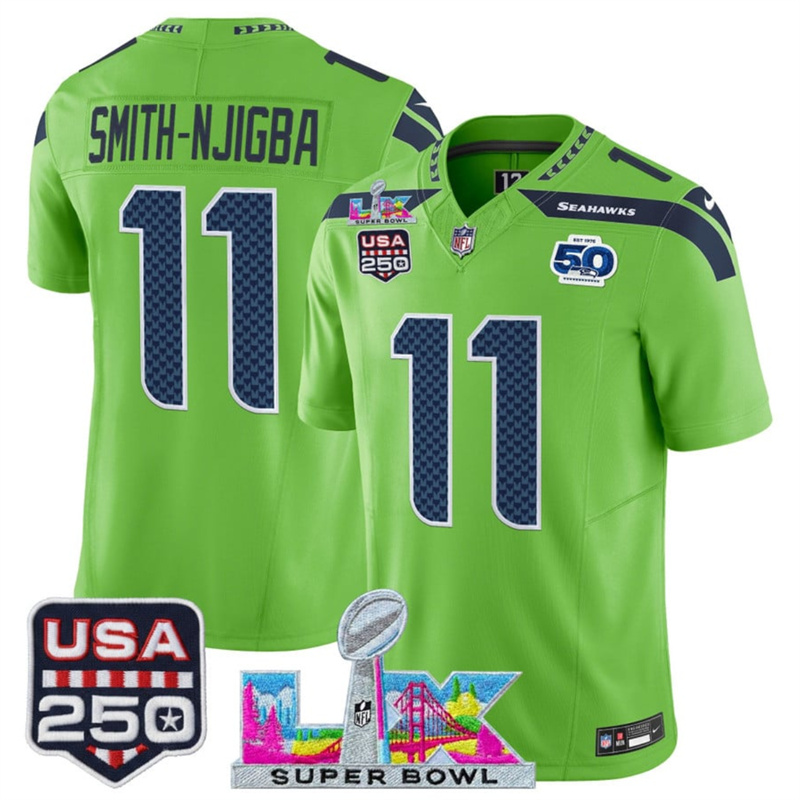 Men's Seattle Seahawks #11 Jaxon Smith-Njigba Green 2025 F.U.S.E. Super Bowl LX Patch And 50th Season & USA 250' Patch Vapor Limited Football Stitched Jerseyched Football Jersey