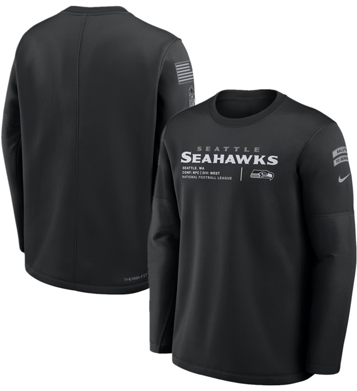 Men's Seattle Seahawks Black 2026 Salute to Service Sideline Coaches Crewneck Therma-FIT Sweatshirt