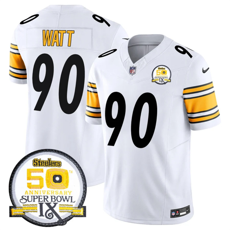 Men's Pittsburgh Steelers #90 T.J. Watt White 2024 F.U.S.E. 50th Anniversary Of Super Bowl IX Alternate Vapor Untouchable Limited Stitched Jersey Men's Pittsburgh Steelers #90 T.J. Watt White 2024 F.U.S.E. 50th Anniversary Of Super Bowl IX Alternate Vapor Untouchable Limited Stitched Jersey